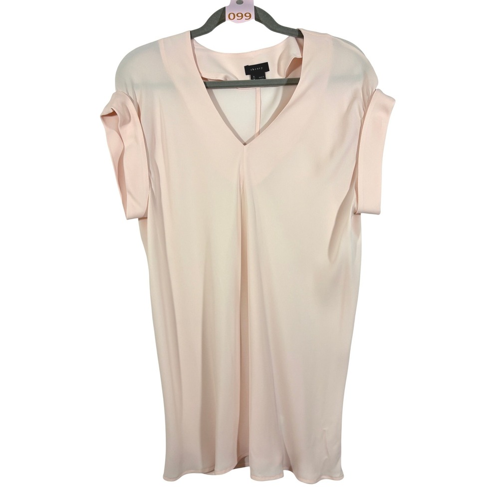Theory Gyda V-Neck Silk Blend Blouse Pale Pink Short Cuffed Sleeve D1002503 S